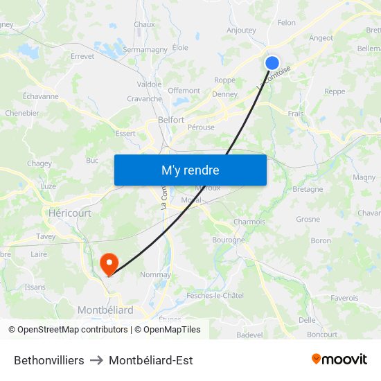 Bethonvilliers to Montbéliard-Est map