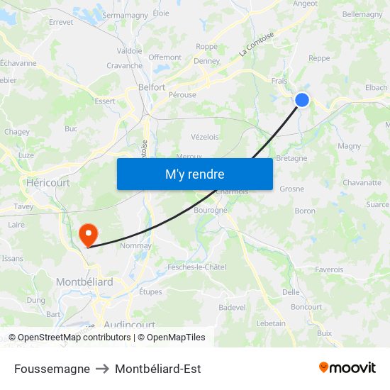 Foussemagne to Montbéliard-Est map