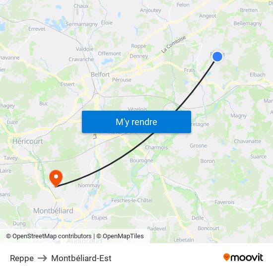 Reppe to Montbéliard-Est map