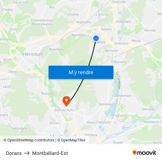 Dorans to Montbéliard-Est map