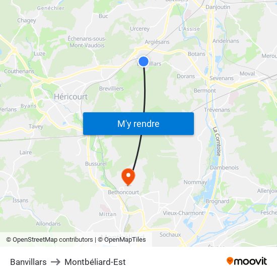 Banvillars to Montbéliard-Est map