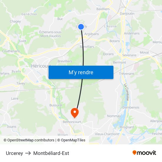 Urcerey to Montbéliard-Est map