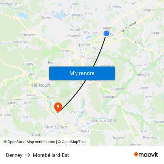 Denney to Montbéliard-Est map