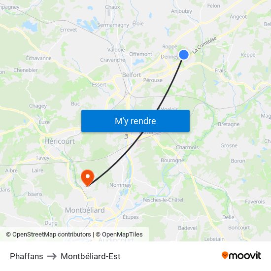 Phaffans to Montbéliard-Est map