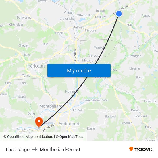 Lacollonge to Montbéliard-Ouest map