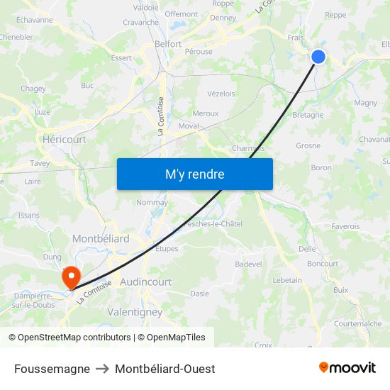 Foussemagne to Montbéliard-Ouest map