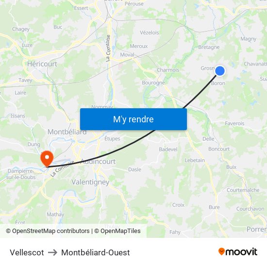 Vellescot to Montbéliard-Ouest map