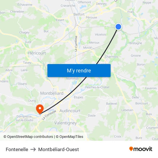 Fontenelle to Montbéliard-Ouest map