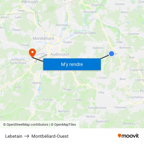 Lebetain to Montbéliard-Ouest map