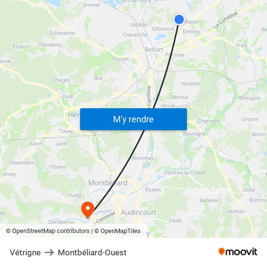 Vétrigne to Montbéliard-Ouest map