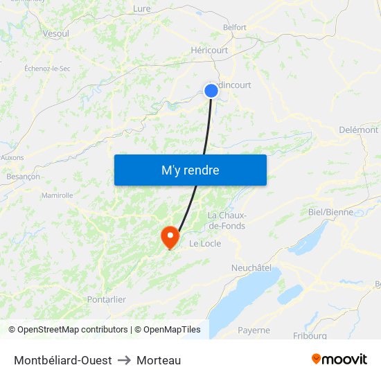 Montbéliard-Ouest to Morteau map