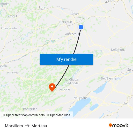 Morvillars to Morteau map