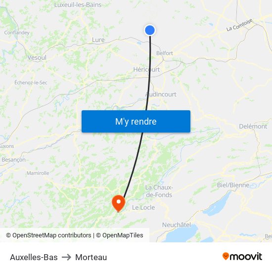 Auxelles-Bas to Morteau map