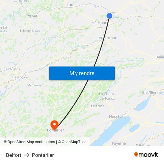 Belfort to Pontarlier map