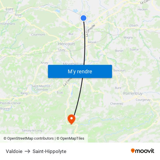 Valdoie to Saint-Hippolyte map