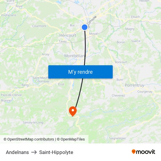 Andelnans to Saint-Hippolyte map