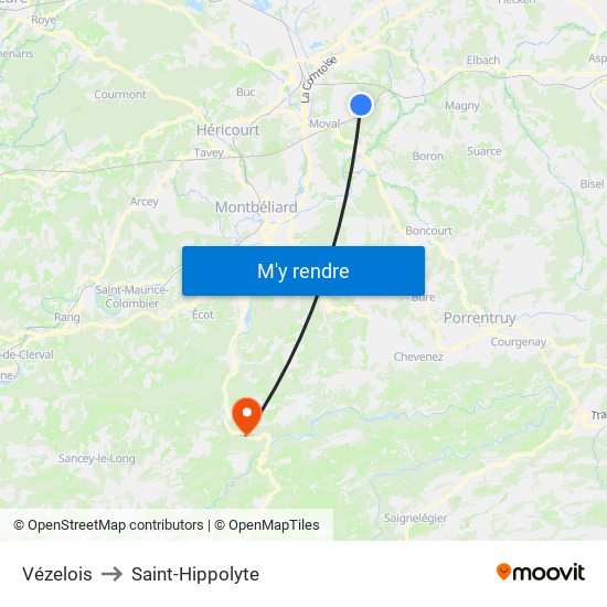 Vézelois to Saint-Hippolyte map