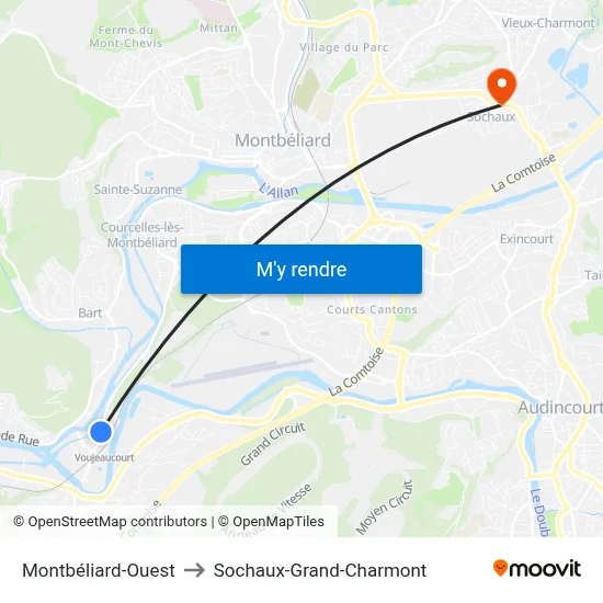 Montbéliard-Ouest to Sochaux-Grand-Charmont map