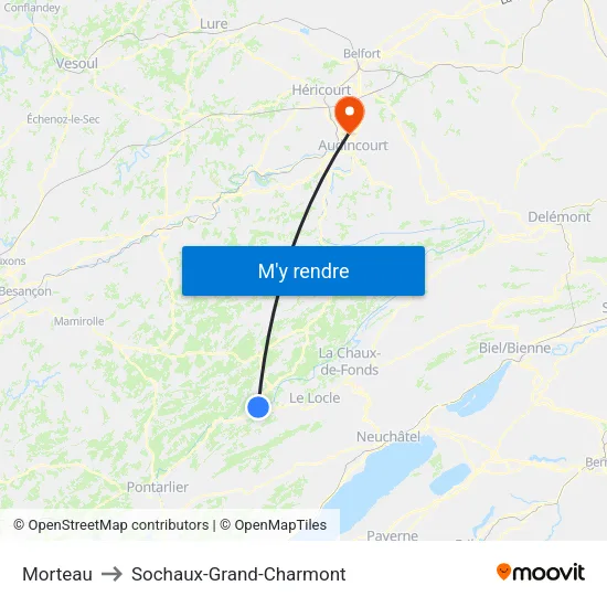 Morteau to Sochaux-Grand-Charmont map