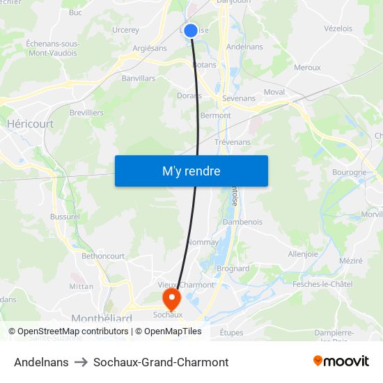 Andelnans to Sochaux-Grand-Charmont map