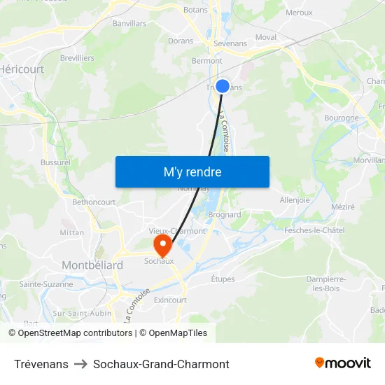 Trévenans to Sochaux-Grand-Charmont map