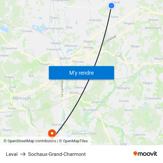 Leval to Sochaux-Grand-Charmont map