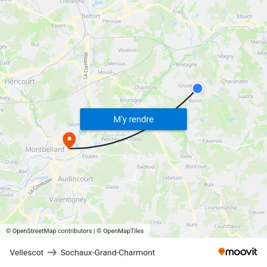 Vellescot to Sochaux-Grand-Charmont map
