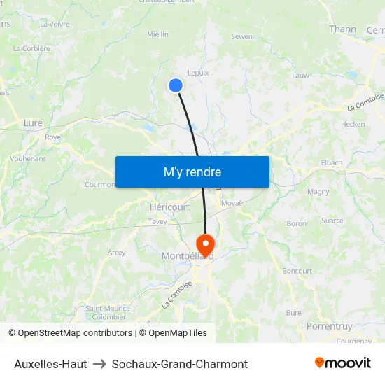 Auxelles-Haut to Sochaux-Grand-Charmont map