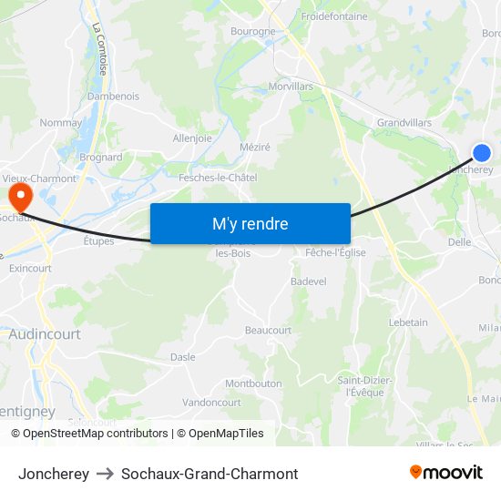 Joncherey to Sochaux-Grand-Charmont map