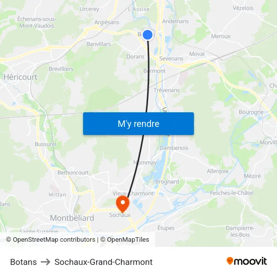 Botans to Sochaux-Grand-Charmont map