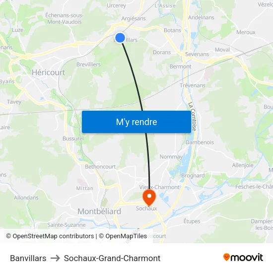 Banvillars to Sochaux-Grand-Charmont map