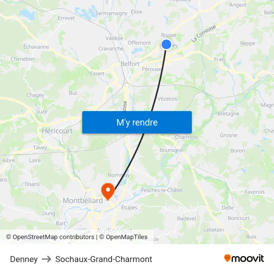 Denney to Sochaux-Grand-Charmont map