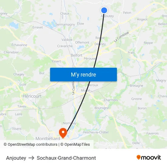 Anjoutey to Sochaux-Grand-Charmont map