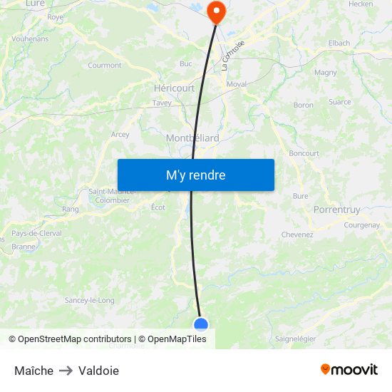 Maîche to Valdoie map