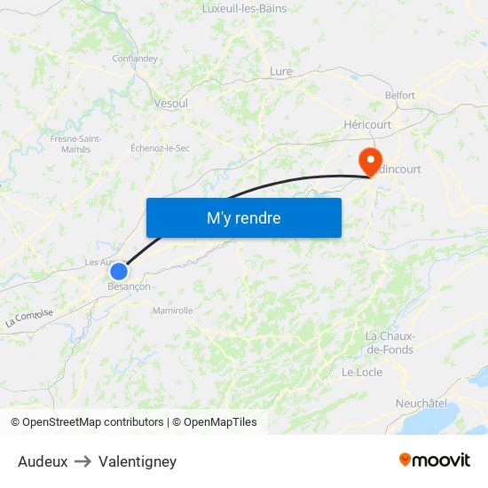Audeux to Valentigney map