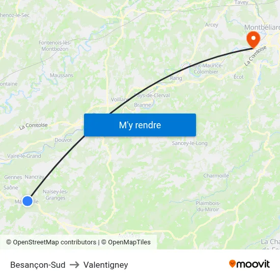 Besançon-Sud to Valentigney map