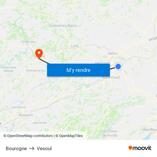 Bourogne to Vesoul map