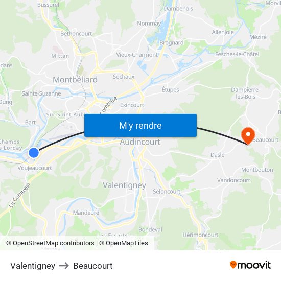 Valentigney to Beaucourt map