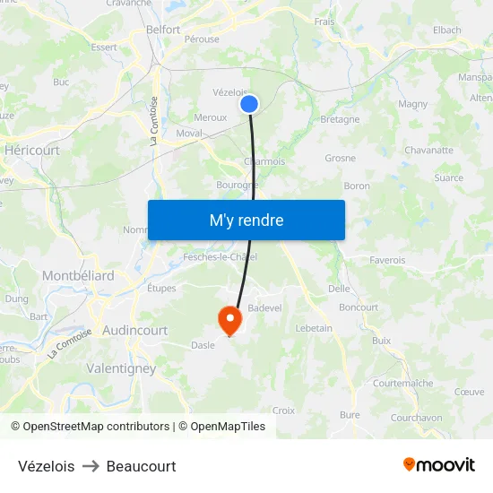 Vézelois to Beaucourt map
