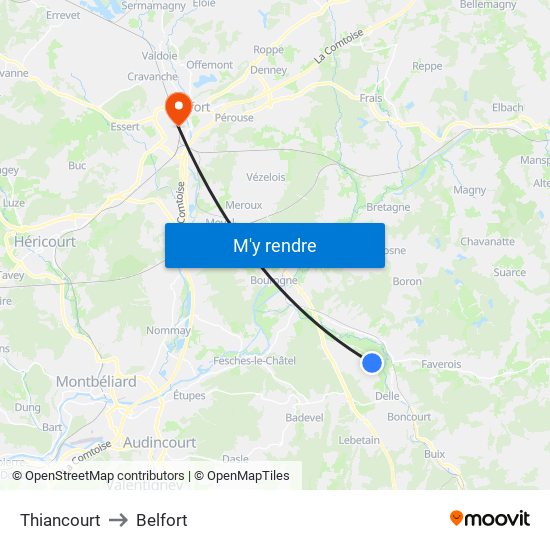 Thiancourt to Belfort map