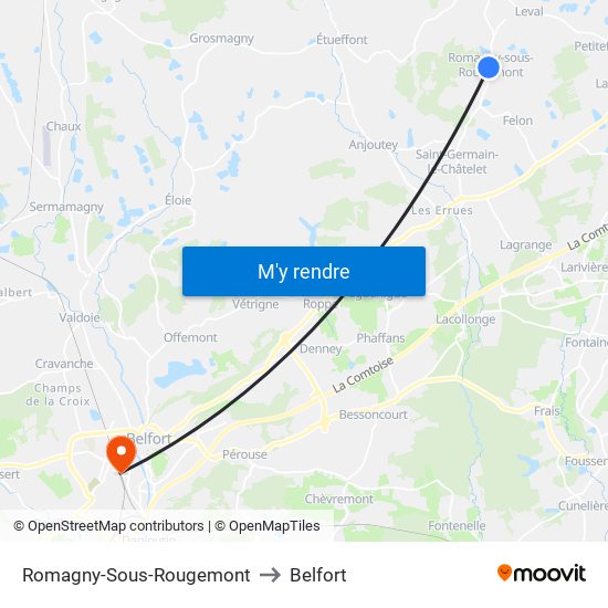 Romagny-Sous-Rougemont to Belfort map