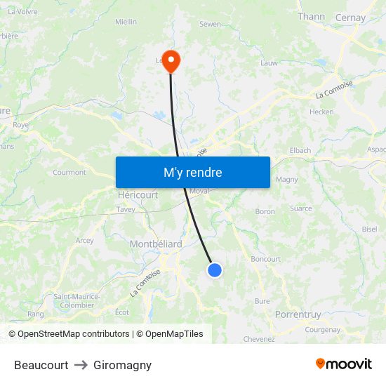 Beaucourt to Giromagny map