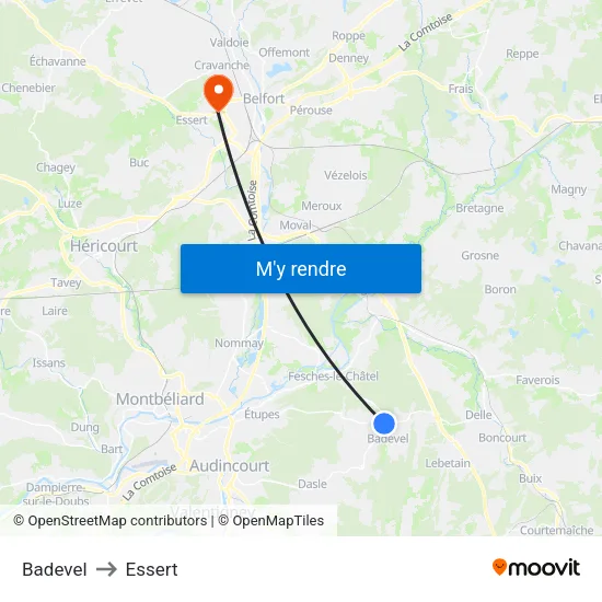 Badevel to Essert map