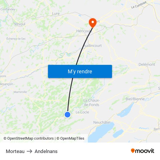 Morteau to Andelnans map