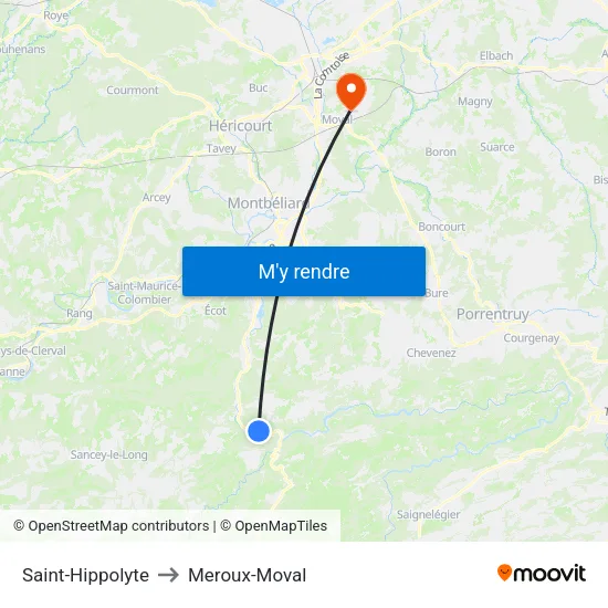 Saint-Hippolyte to Meroux-Moval map