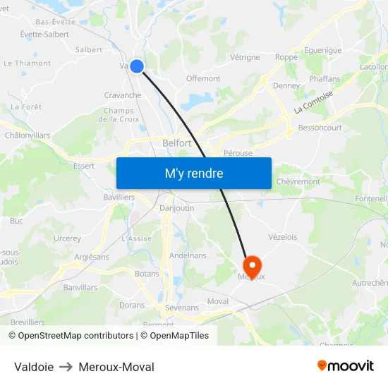 Valdoie to Meroux-Moval map