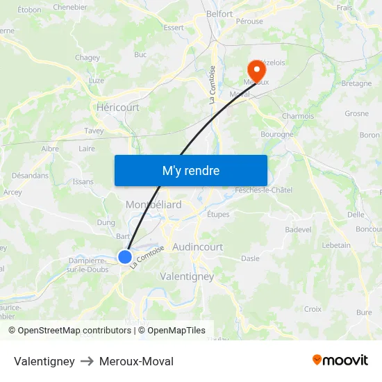 Valentigney to Meroux-Moval map