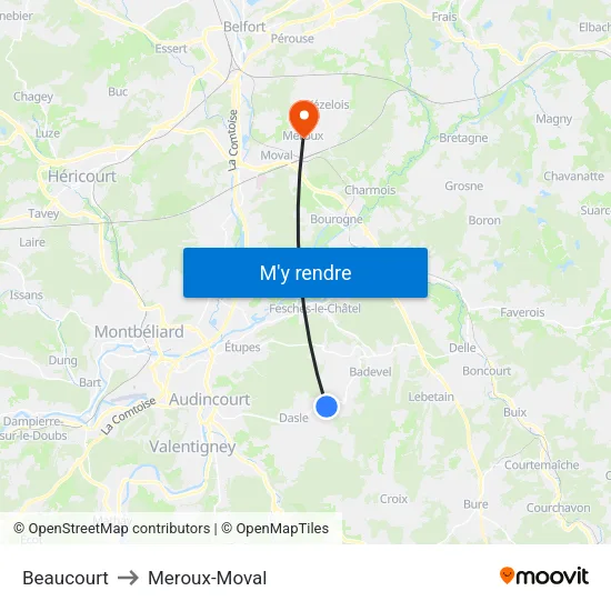 Beaucourt to Meroux-Moval map