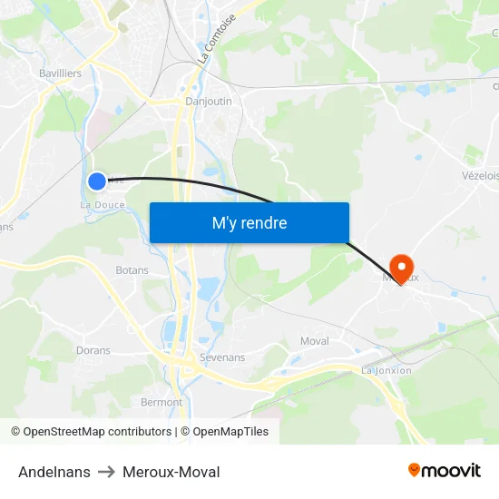 Andelnans to Meroux-Moval map