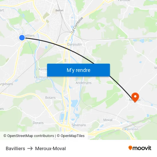 Bavilliers to Meroux-Moval map